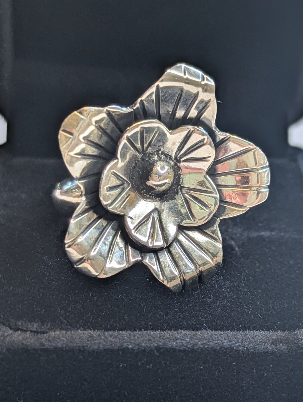 Vintage Mexico 925 Sterling Silver 3D Flower Ring Adjustable Artisan Boho